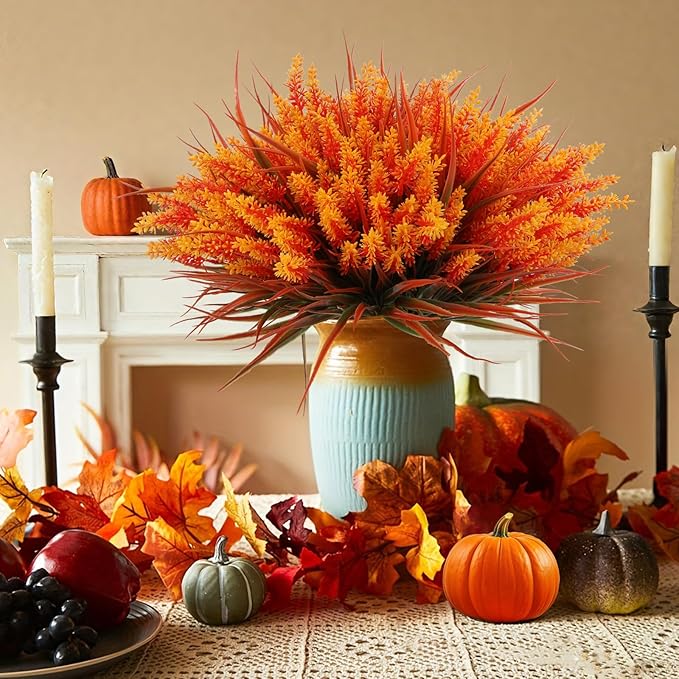 Artificial fall flowers by CozyNest Decor with orange faux lavender and monkey grass, UV resistant plastic for outdoor garden decor.