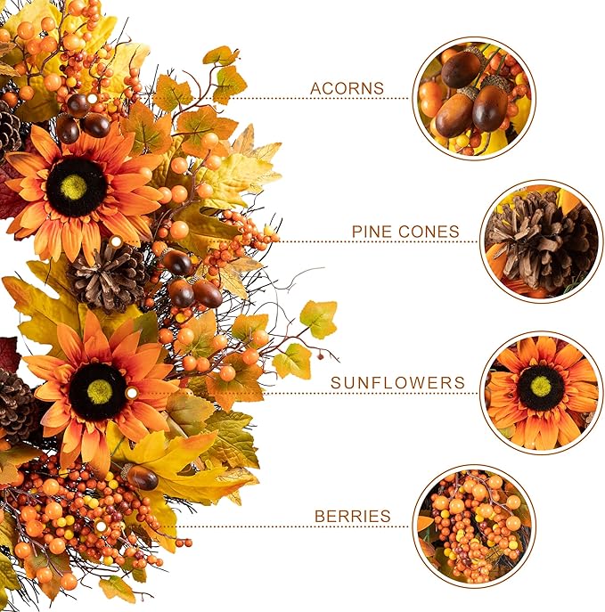 CozyNest Decor 24-inch artificial autumn wreath with sunflowers, maple leaves, and berries for fall front door or wall decor.