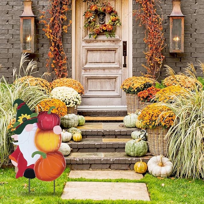 CozyNest Decor metal gnome with pumpkin garden stake for fall outdoor decor, autumn yard sign for lawn, porch, and garden.