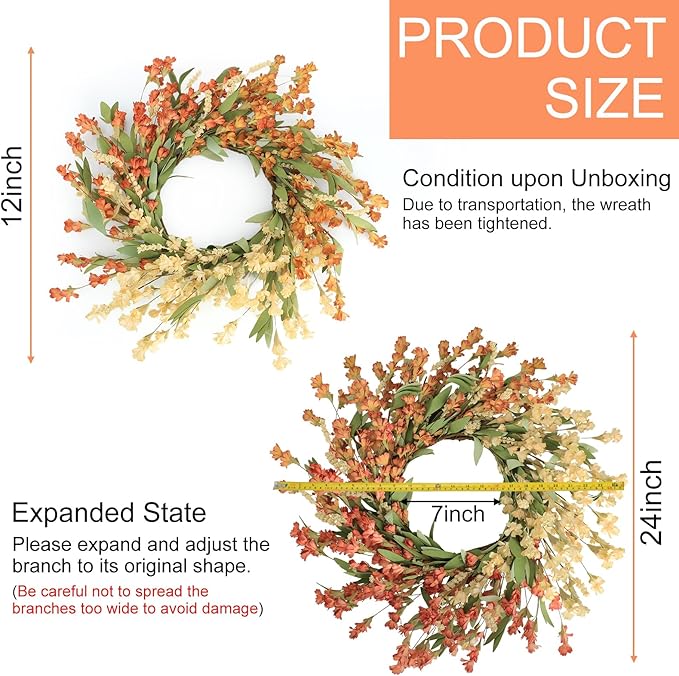 CozyNest Decor Artgar Fall Wreath with white and orange flowers, 24-inch floral door wreath for outdoor or indoor fall home decor