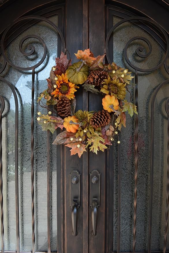 CozyNest Decor 24-inch artificial fall pumpkin sunflower wreath with green and autumn foliage for farmhouse wall or door decor.