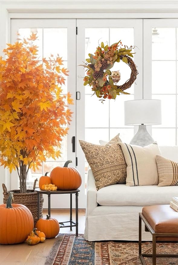 Fall owl wreath for front door featuring pine cones, faux eucalyptus, magnolia leaves, and berries, 24-inch autumn decor by CozyNest Decor.