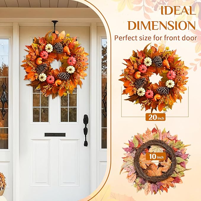 Colorful 20-inch fall wreath with pumpkins and maple leaves, handcrafted autumn door decor for front porch and Thanksgiving.