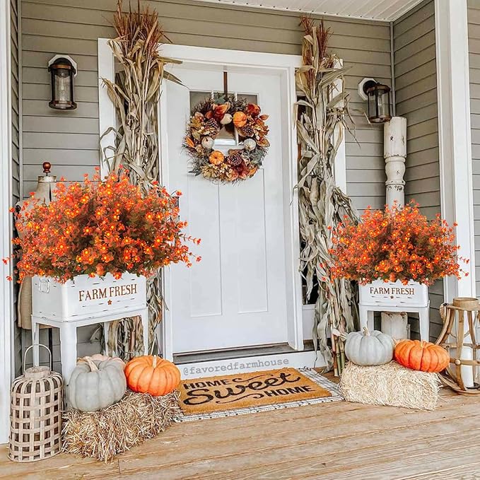 Artificial fall flowers in red from CozyNest Decor, realistic faux autumn plants for indoor outdoor Thanksgiving and wedding decor.
