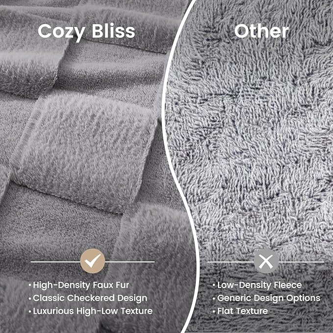 CozyNest Decor checkered white faux rabbit fur throw blanket with fluffy grey minky texture, 90x90 inches for couch or bed.