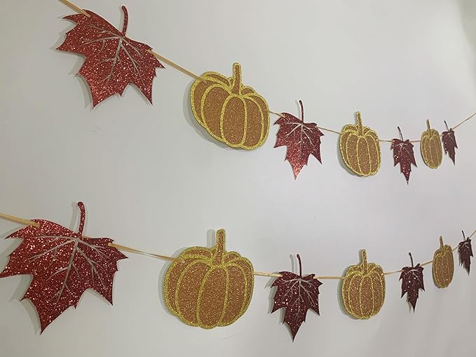 CozyNest Decor fall banner with pumpkin and maple leaves for Thanksgiving, featuring a hanging bunting with autumn harvest design.
