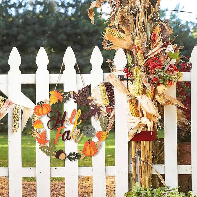 CozyNest Decor fall wreath with wooden hello fall sign, maple leaf and pumpkin accents for autumn harvest and Halloween door decor