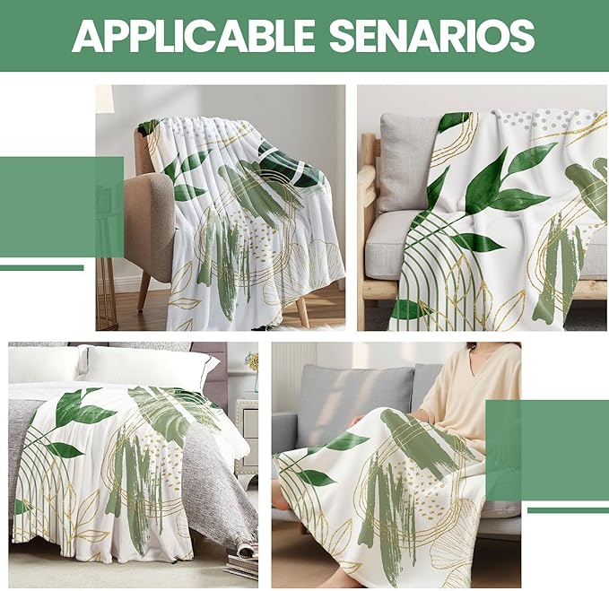Sage green leaf-patterned throw blanket by CozyNest Decor, soft flannel fabric, perfect for couch or bed, 50x60 inches.