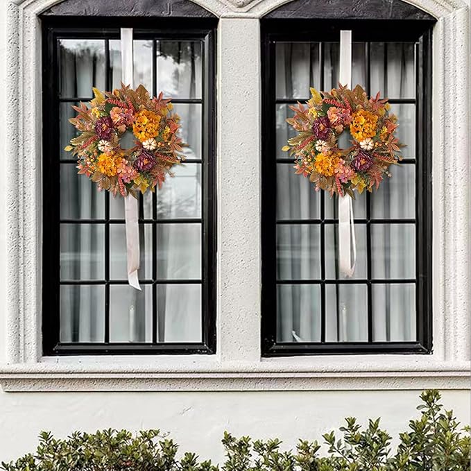 CozyNest Decor 24-inch fall wreath with hydrangea, peony, white pumpkins, perfect for front door autumn, Halloween, or Thanksgiving.