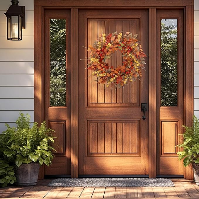 CozyNest Decor 22-inch artificial fall wreath with red berries and autumn leaves, perfect for front door, wall, or porch decor.