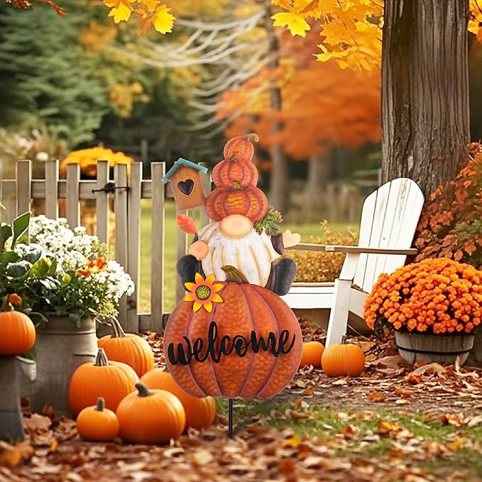 CozyNest Decor Teresa's Collections fall gnome pumpkin garden stake with orange autumn design for outdoor yard and patio decor.