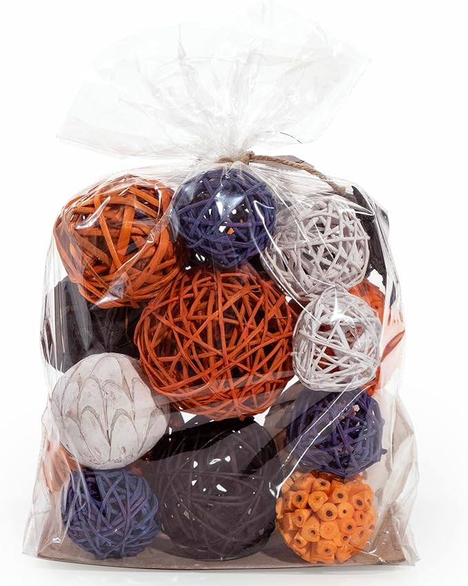 CozyNest Decor Andaluca large Halloween fall vase filler bag with purple and orange orbs and decorative balls for seasonal decor
