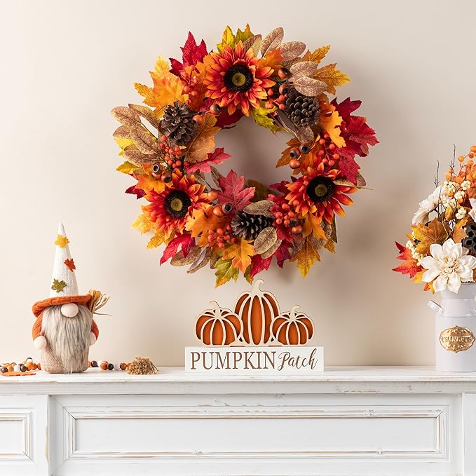 CozyNest Decor 24-inch fall wreath with sunflowers, pinecones, and berries, ideal for front door indoor or outdoor autumn decor.