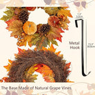 CozyNest Decor 16-inch autumn velvet pumpkin wreath with metal hook, featuring harvest maple leaves for fall front door decoration.