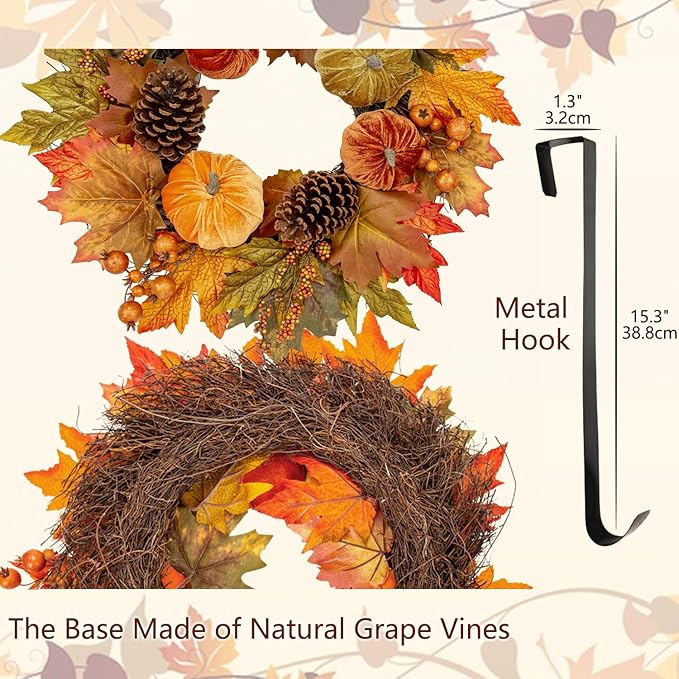 CozyNest Decor 16-inch autumn velvet pumpkin wreath with metal hook, featuring harvest maple leaves for fall front door decoration.