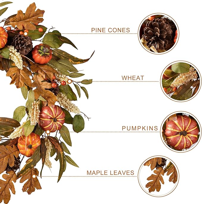 CozyNest Decor 24-inch artificial fall pumpkin leaf floral wreath, autumn harvest door decor for Thanksgiving or seasonal decoration