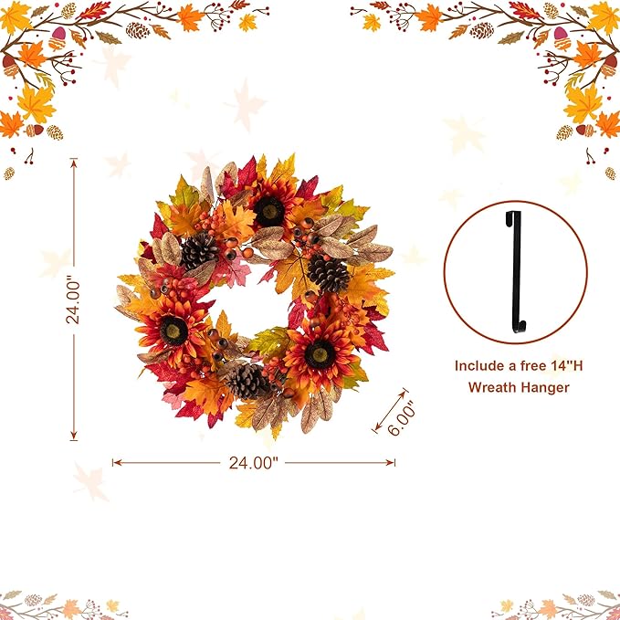 CozyNest Decor 24-inch artificial fall wreath with sunflowers, pinecones, and berries for front door or holiday decor.