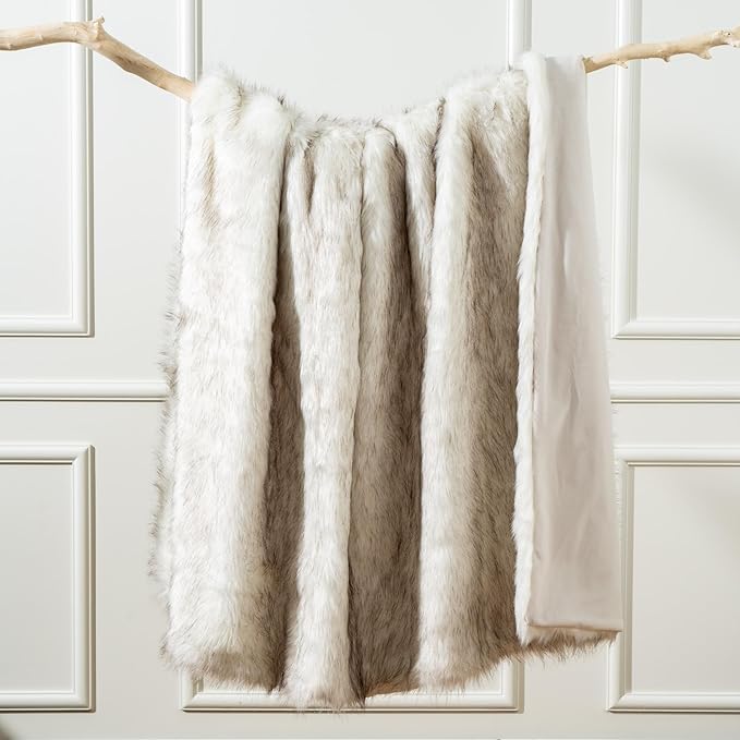 Luxury ivory white faux fur throw blanket by CozyNest Decor, extra large, soft, cozy, reversible to plush velvet for bed or couch.