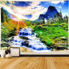 CozyNest Decor mountain waterfall and sunset forest tapestry, tropical sunrise rainforest scenic wall hanging for bedroom or living room.