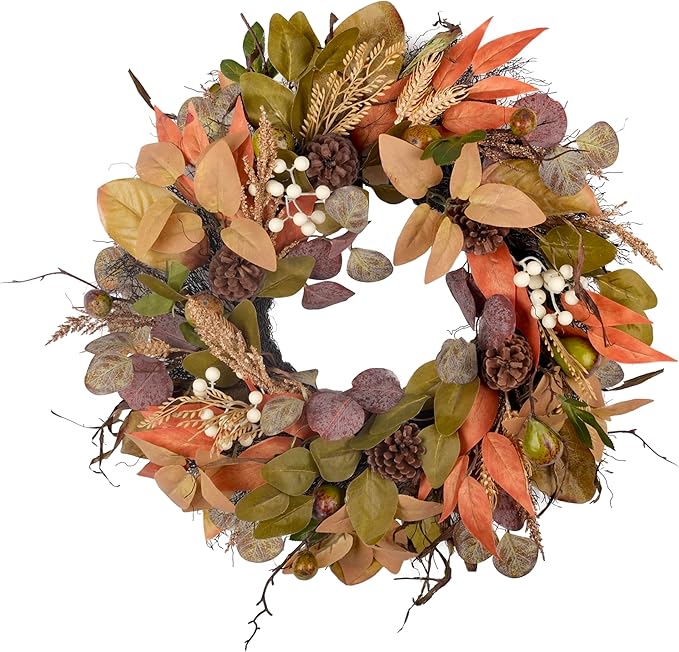 24-inch handmade fall wreath with artificial autumn leaves, pinecones, berries, and wheat for farmhouse door, wall, or porch decor
