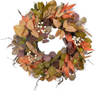 24-inch handmade fall wreath with artificial autumn leaves, pinecones, berries, and wheat for farmhouse door, wall, or porch decor