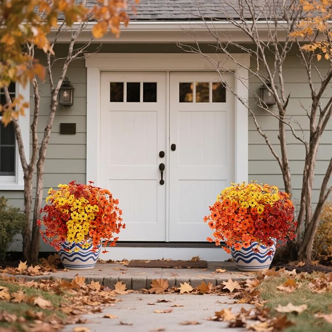 12 bundles of CozyNest Decor artificial fall flowers with faux mums in orange, brown, and yellow for outdoor or indoor autumn decor
