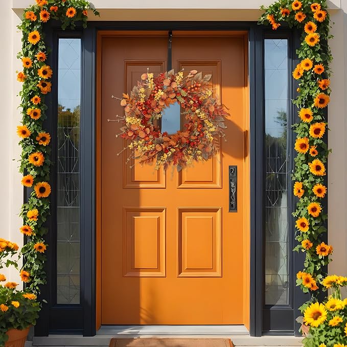 CozyNest Decor 22-inch artificial fall wreath with red berries, autumn leaves, ideal for front door, wall, or porch decor.
