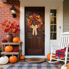 Large 24-inch Burgundy boxwood eucalyptus fall wreath with maple bow, rustic farmhouse style, weatherproof for outdoor or indoor decor.