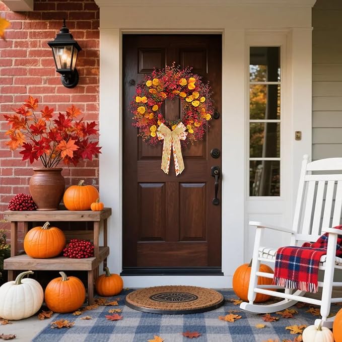 Large 24-inch Burgundy boxwood eucalyptus fall wreath with maple bow, rustic farmhouse style, weatherproof for outdoor or indoor decor.