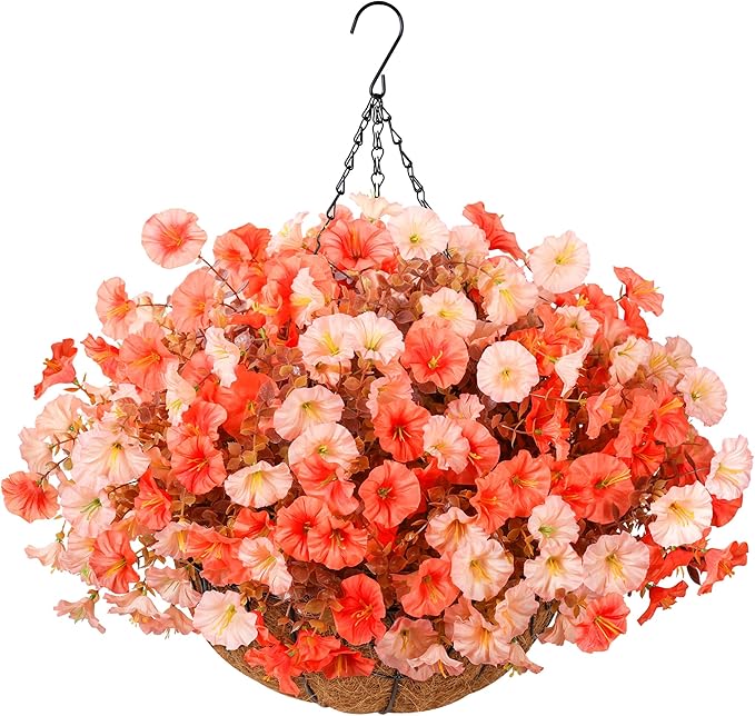 Artificial fall flowers in a hanging basket with silk morning glory and eucalyptus, UV resistant for outdoor porch or patio decor.
