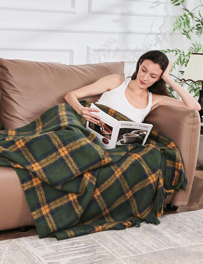 CozyNest Decor green plaid throw blanket with tassels, lightweight and soft, perfect for couch, bed, or sofa decor.