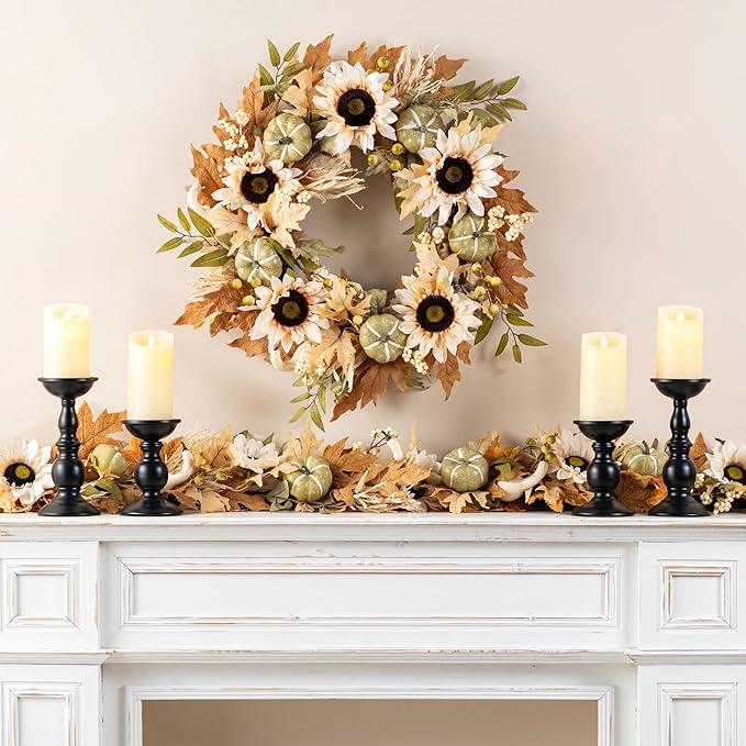 CozyNest Decor 24-inch artificial fall wreath with sunflowers, pumpkins, and leaves for front door or wall farmhouse decor.