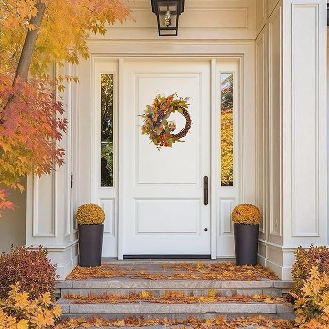 Fall owl wreath for front door featuring pine cones, eucalyptus, magnolia leaves, and berries, 24-inch autumn farmhouse decor.