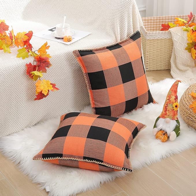CozyNest Decor fall orange and black buffalo plaid throw pillow covers, 18x18 inches, with stitched edges for autumn farmhouse decor.