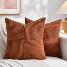 CozyNest Decor boho rust decorative throw pillow covers, 18x18 inches, soft corduroy patchwork texture for couch or sofa decor.