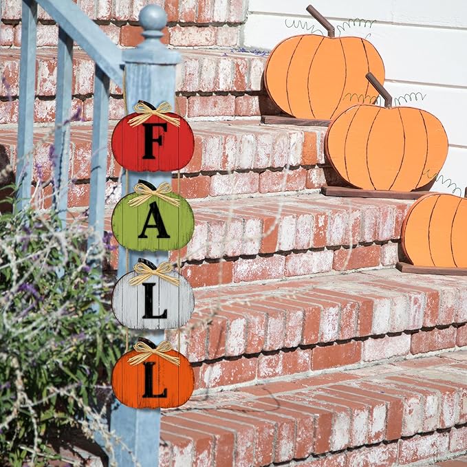 Rustic farmhouse fall pumpkin door sign by CozyNest Decor, wooden hanging decoration for autumn porch or yard decor.