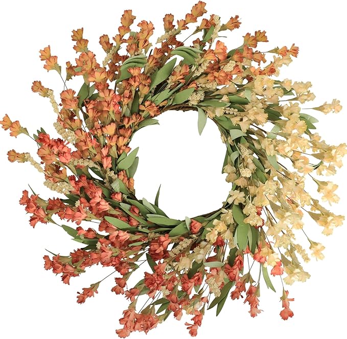CozyNest Decor Artgar Fall Wreath with white and orange flowers, 24-inch floral door wreath for outdoor or indoor fall decoration.