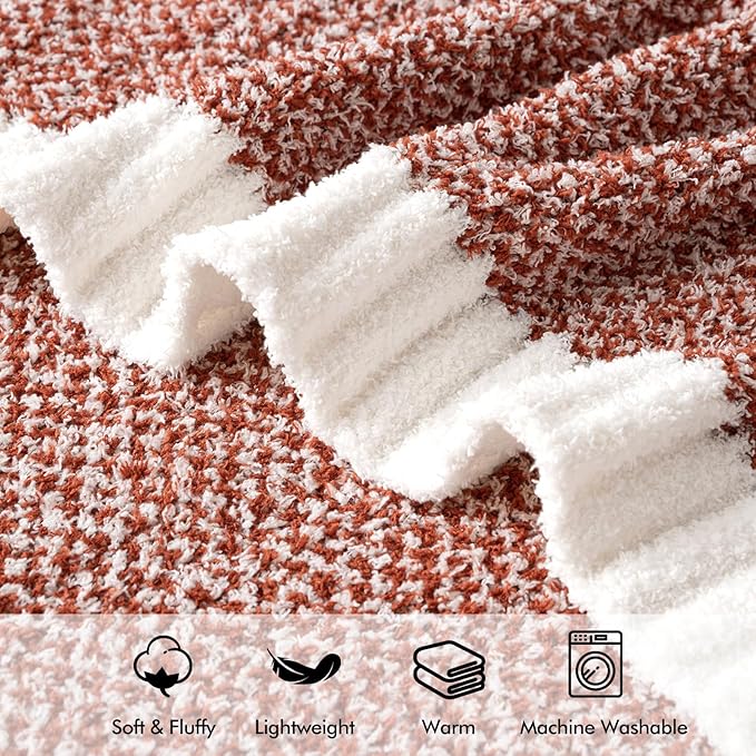 CozyNest Decor MIULEE fall rust soft throw blanket on a sofa, showcasing its fluffy texture and warm knit design for couch or bed use.