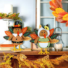 CozyNest Decor plush stuffed turkey figurines with dangling legs, perfect for autumn fall harvest or Thanksgiving tabletop decor.