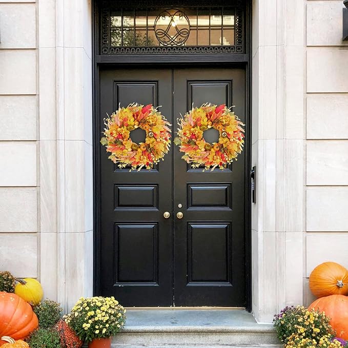 CozyNest Decor 24-inch autumn front door wreath with pumpkins, hydrangea, maple leaves, perfect for fall porch or window decor.