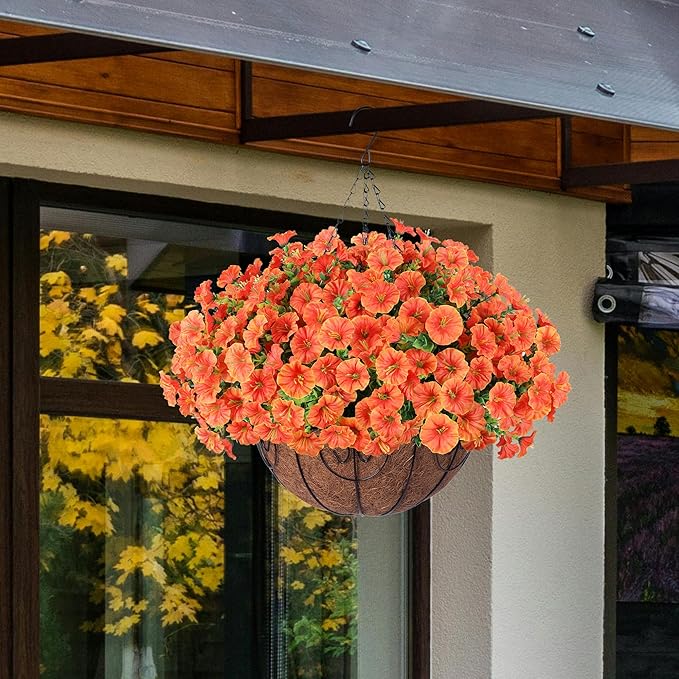Artificial fall flowers hanging basket with orange silk morning glories and eucalyptus, UV resistant faux outdoor porch patio decoration
