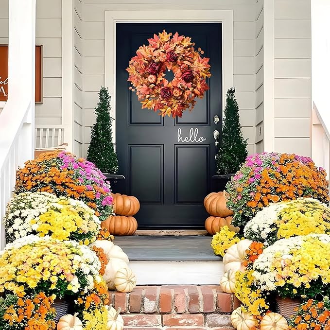 Large 26-inch autumn wreath with maple leaves, pumpkins, roses, and rustic accents for farmhouse outdoor home decor.