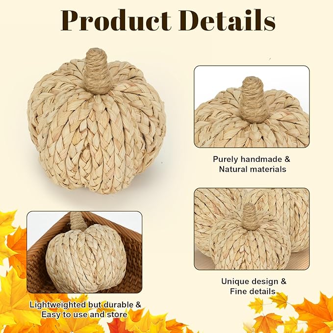 Set of four NatureVibe 4.3-inch braided corn husk pumpkins for fall decor, featuring woven corn stalks, perfect for Thanksgiving and autumn.