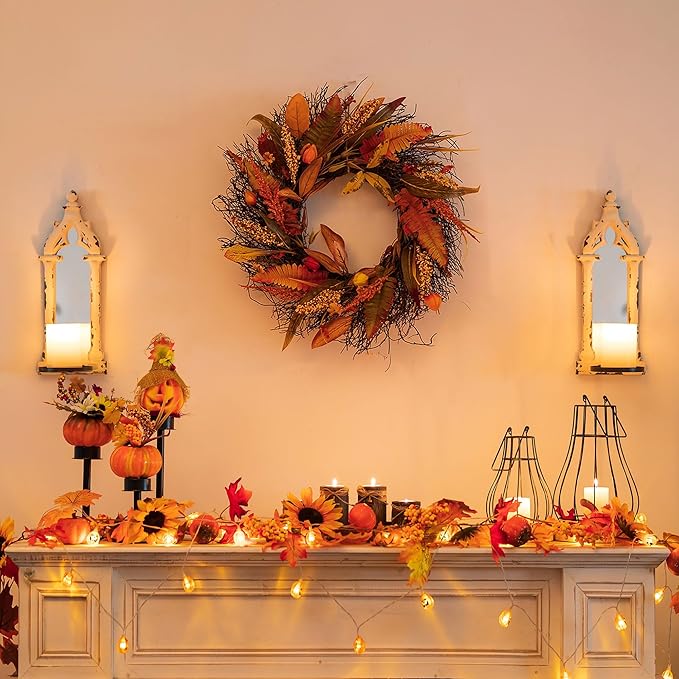 Large 24-inch wheat fall wreath for Thanksgiving, cozyNest Decor harvest grain gold door decor for indoor or outdoor use.