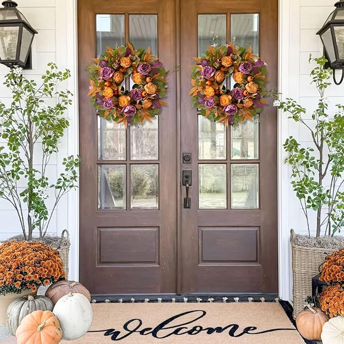 24-inch fall wreath with peony, maple leaves, and berries, rustic farmhouse decor for front door, porch, or indoor autumn decor