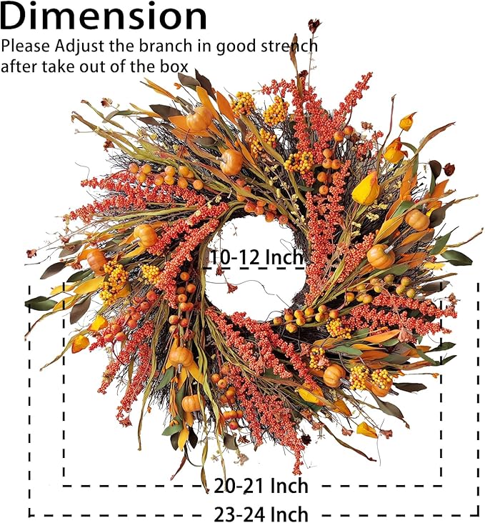 CozyNest Decor 24-inch fall wreath with pumpkins, hawthorn, berries, eucalyptus leaves, and a lantern, perfect for autumn or Thanksgiving.