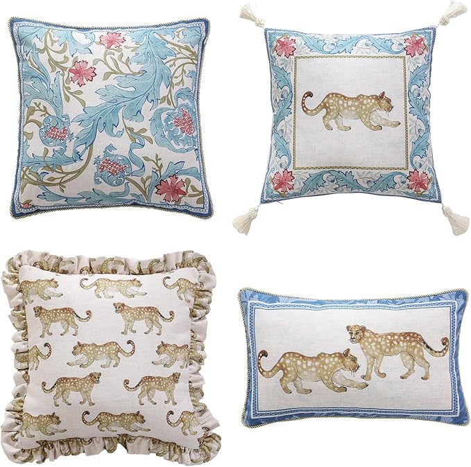 Set of four CozyNest Decor designer throw pillow covers with vintage French linen, cheetah pattern, and luxurious pendant accents.
