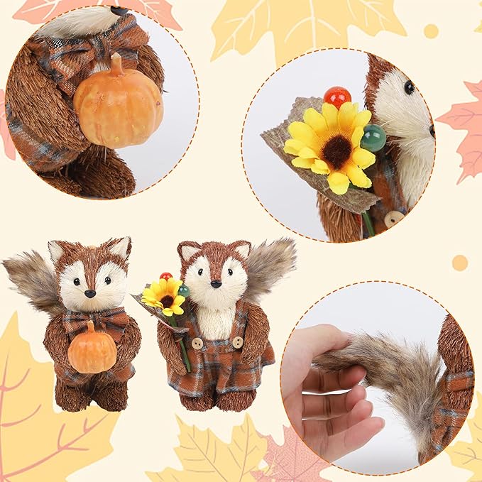 Two CozyNest Decor fall-themed fox figurines with pumpkins, perfect for Thanksgiving and autumn home or office decor.