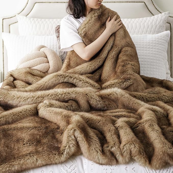 CozyNest Decor luxury ochre faux fur throw blanket, soft plush mink fur for couch or bed, 50x60 inches, warm and fuzzy home decor.