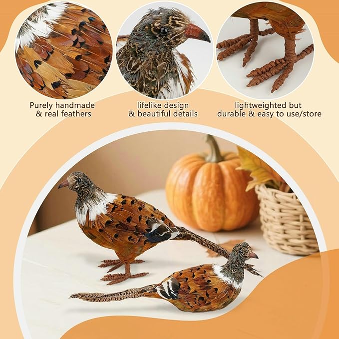 Set of 2 CozyNest Decor feathered pheasant figurines, realistic woodland decor for fall or autumn harvest celebrations.